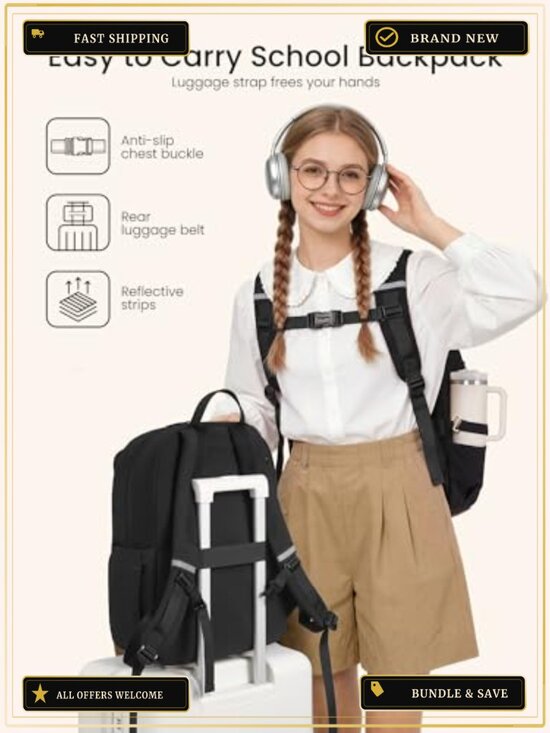 Waterproof Laptop Backpack for Women with Reflective Strips & Luggage Strap main image 2
